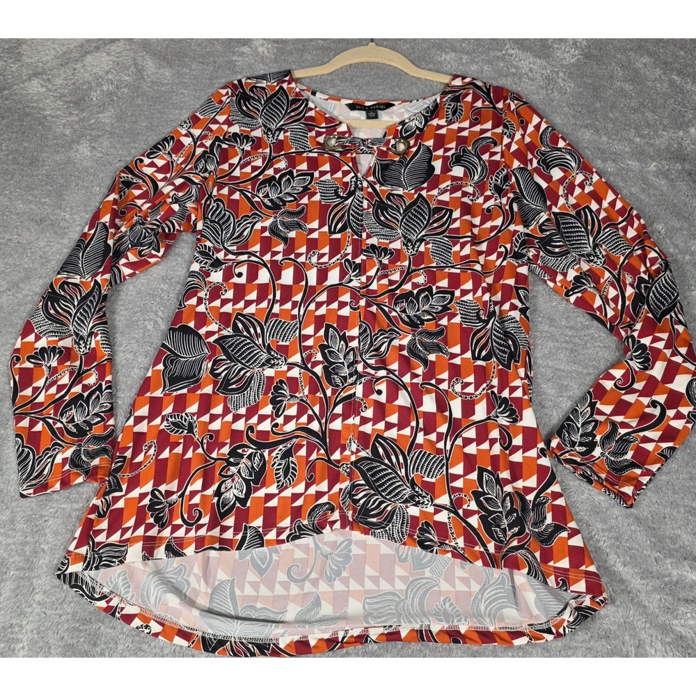 Zac & Rachel Tunic Women L Orange Floral Geometric Excellent‎ High-Low Boho Top